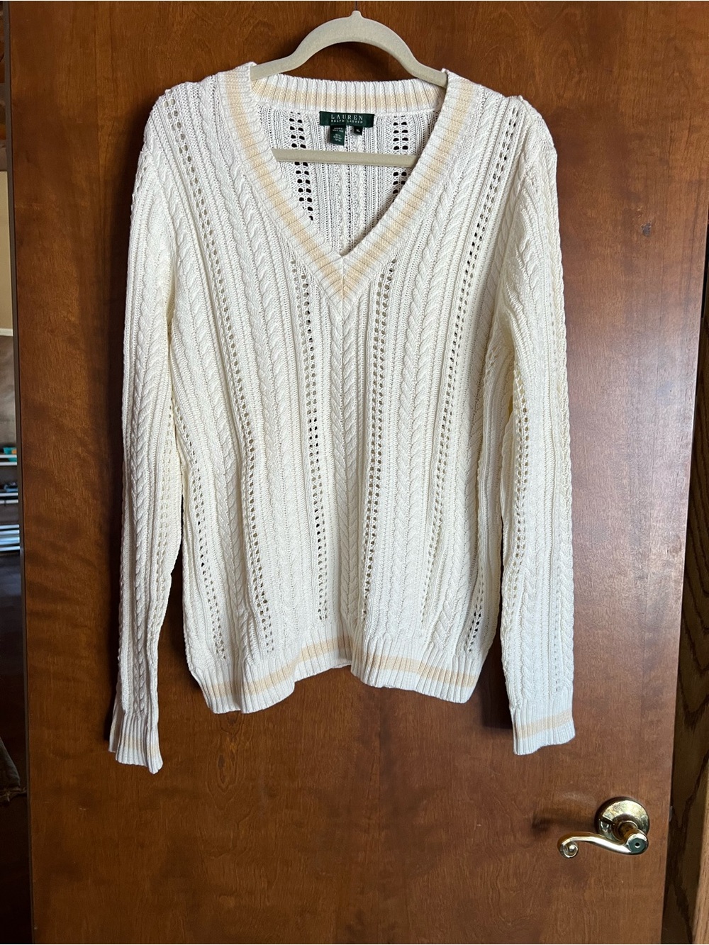 Ralph Lauren Cream V-Neck Openwork Cable Knit Sweater